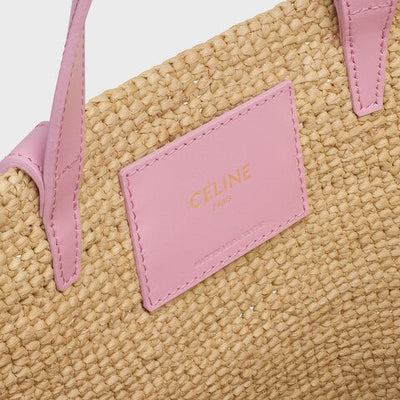Céline - Cesta Clásica modelo pequeño Rafia suave y piel de becerro Rosa