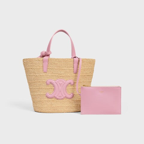 Céline - Cesta Clásica modelo pequeño Rafia suave y piel de becerro Rosa