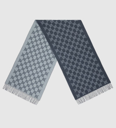 Gorro y bufanda de jacquard de cachemir GG azul marino y azul claro