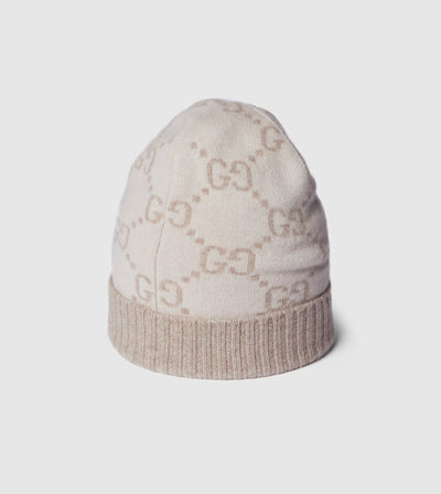 Gorro y bufanda de jacquard de cachemir con GG en blanco roto y beige
