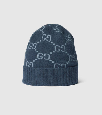 Gorro y bufanda de jacquard de cachemir GG azul marino y azul claro