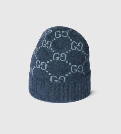 Gorro y bufanda de jacquard de cachemir GG azul marino y azul claro