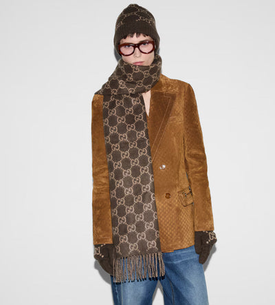 Gorro y bufanda de jacquard de cachemira con GG en marrón y beige