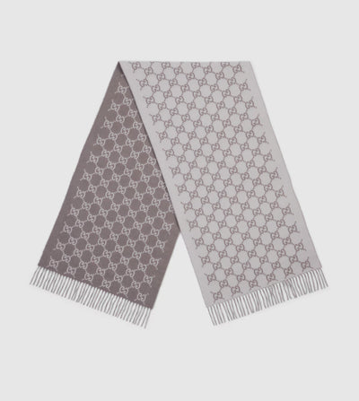 Gorro y bufanda de jacquard de cachemir con GG en color marfil y gris claro