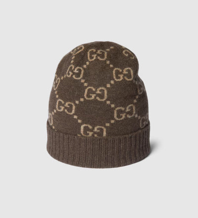 Gorro y bufanda de jacquard de cachemira con GG en marrón y beige