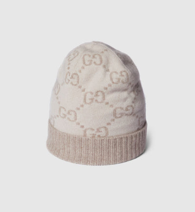 Gorro y bufanda de jacquard de cachemir con GG en blanco roto y beige