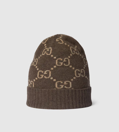 Gorro y bufanda de jacquard de cachemira con GG en marrón y beige