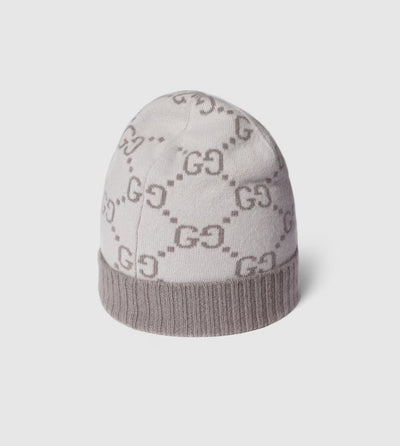 Gorro y bufanda de jacquard de cachemir con GG en color marfil y gris claro
