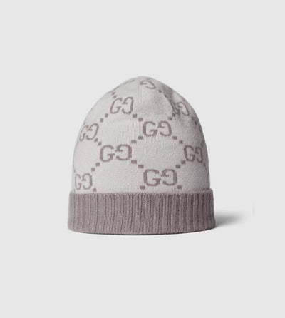Gorro y bufanda de jacquard de cachemir con GG en color marfil y gris claro