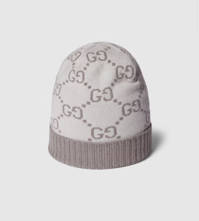 Gorro y bufanda de jacquard de cachemir con GG en color marfil y gris claro