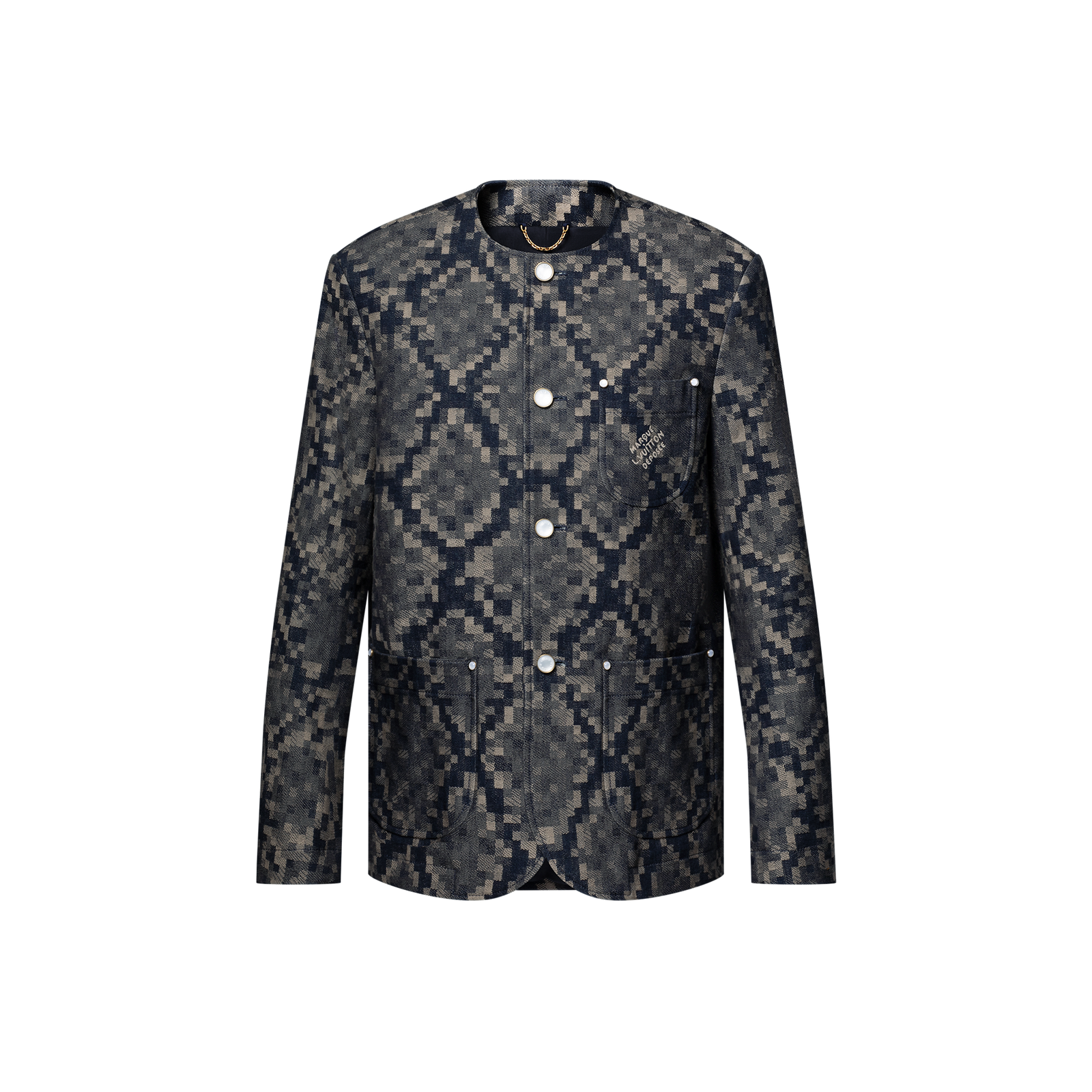 Chaqueta elegante sin cuello en denim gráfico