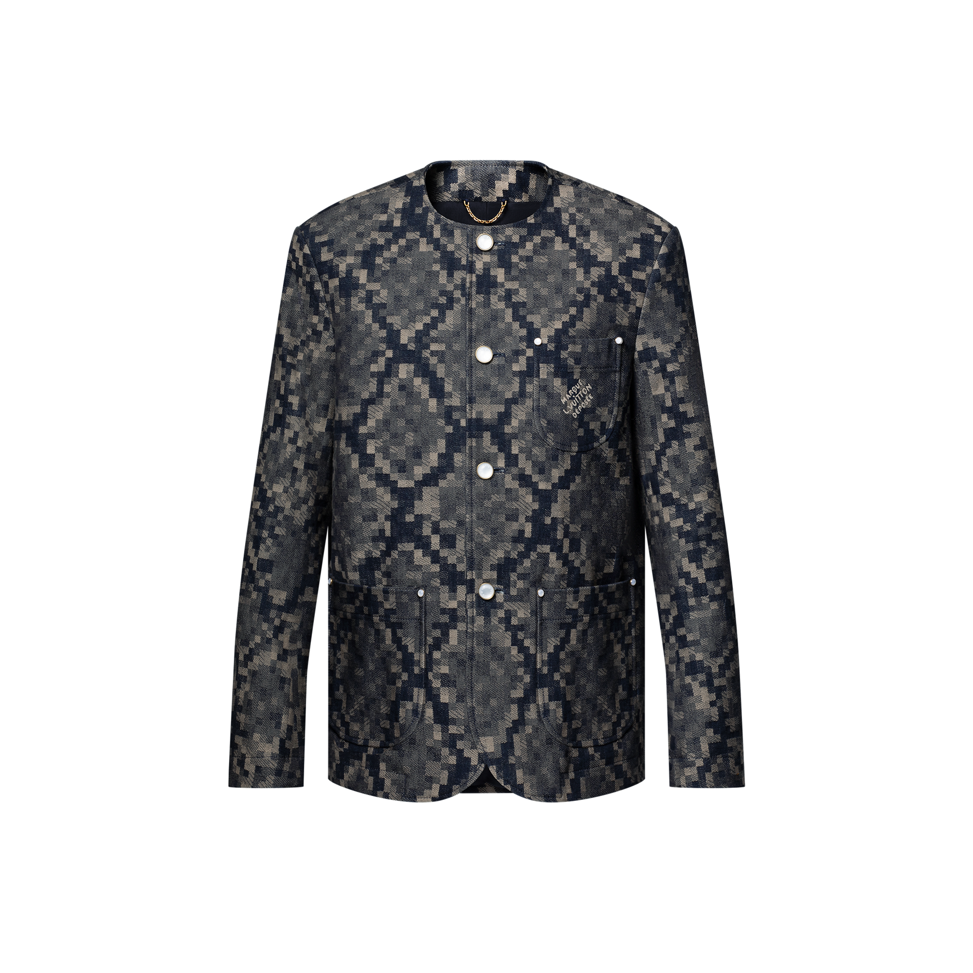 Chaqueta elegante sin cuello en denim gráfico