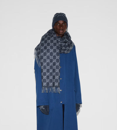 Gorro y bufanda de jacquard de cachemir GG azul marino y azul claro