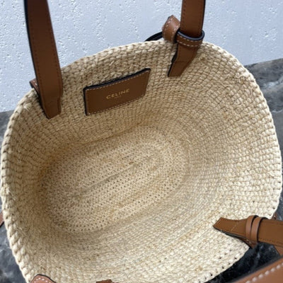 Céline - Cesta Clásica modelo pequeño Rafia suave y piel de becerro