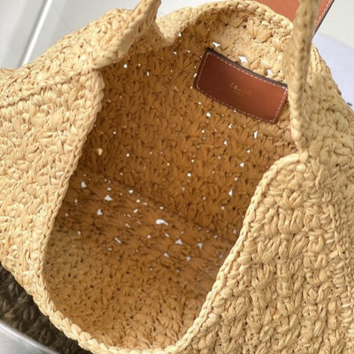 Celine - Cesta clásica triangular de piel de becerro y rafia