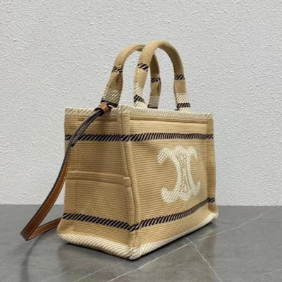 Celine - Cabas pequeñas de tela a rayas Thais beige y negro