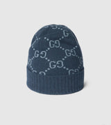 Bonnet et Écharpe en jacquard de cachemire GG bleu marine et bleu clair