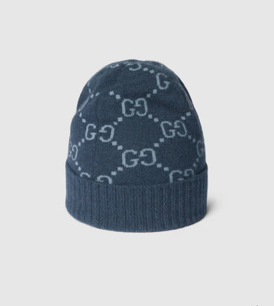 Gorro y bufanda de jacquard de cachemir GG azul marino y azul claro