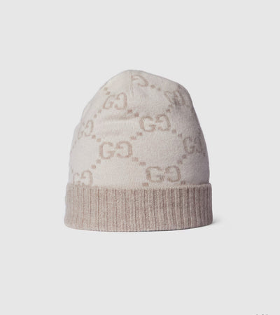 Gorro y bufanda de jacquard de cachemir con GG en blanco roto y beige