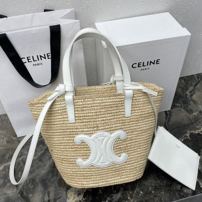 Céline - Cesta Clásica modelo pequeño Rafia suave y piel de becerro